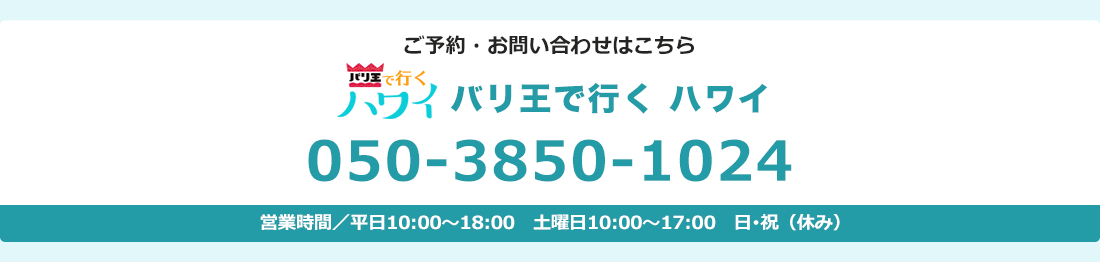 バリ王で行くハワイ ご予約・お問い合わせはこちら 東京支店050-3850-1024